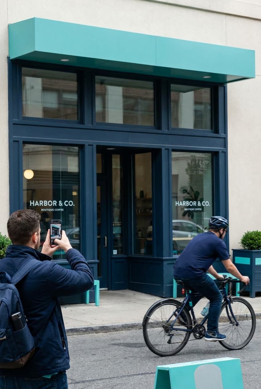 Professional photographing a local business storefront with a smartphone