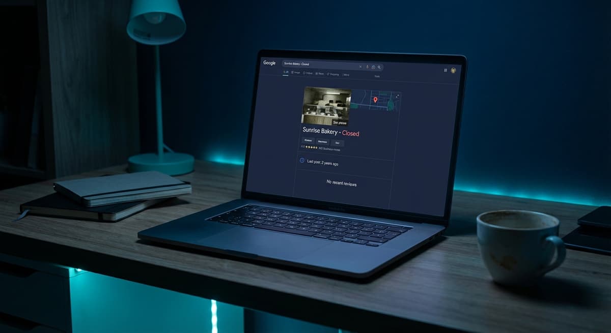 Modern laptop showing a neglected Google Business Profile with no recent activity