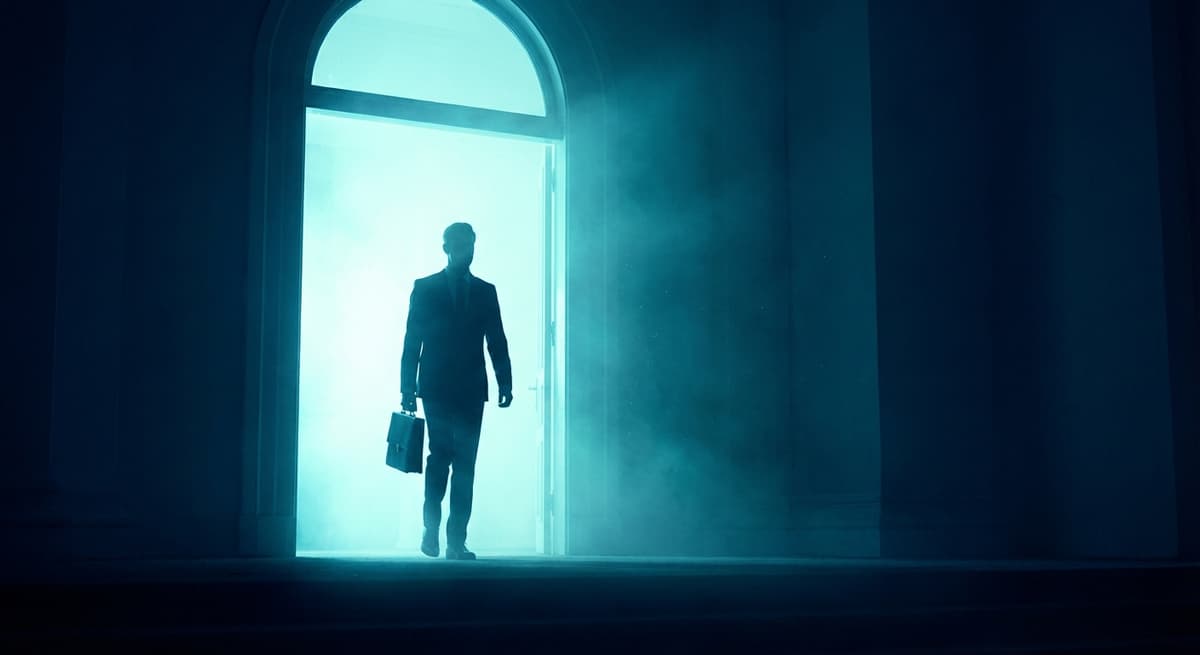Business owner walking through an open door into cyan light representing opportunity