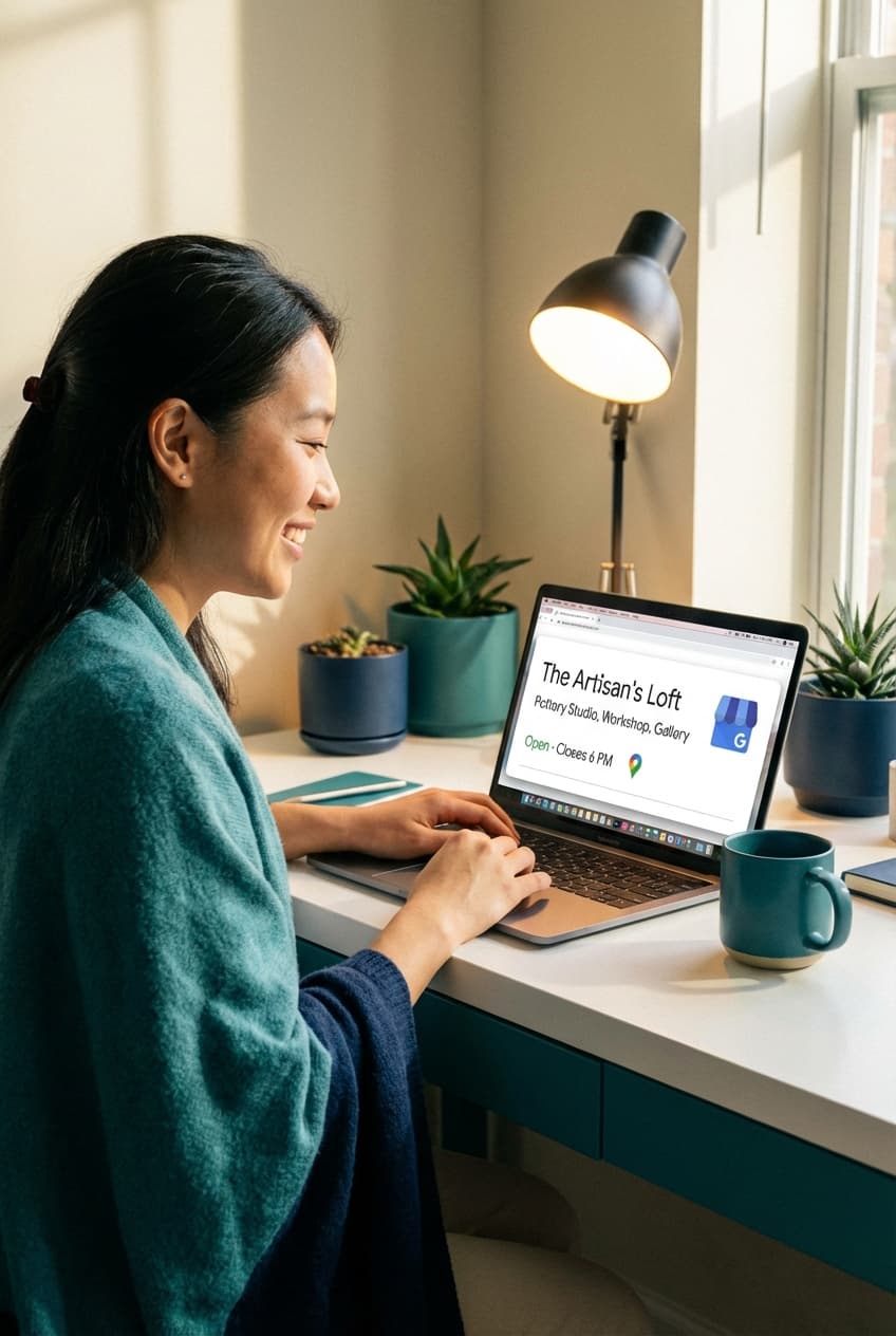 Business owner updating Google Business Profile on a laptop showing complete listing details