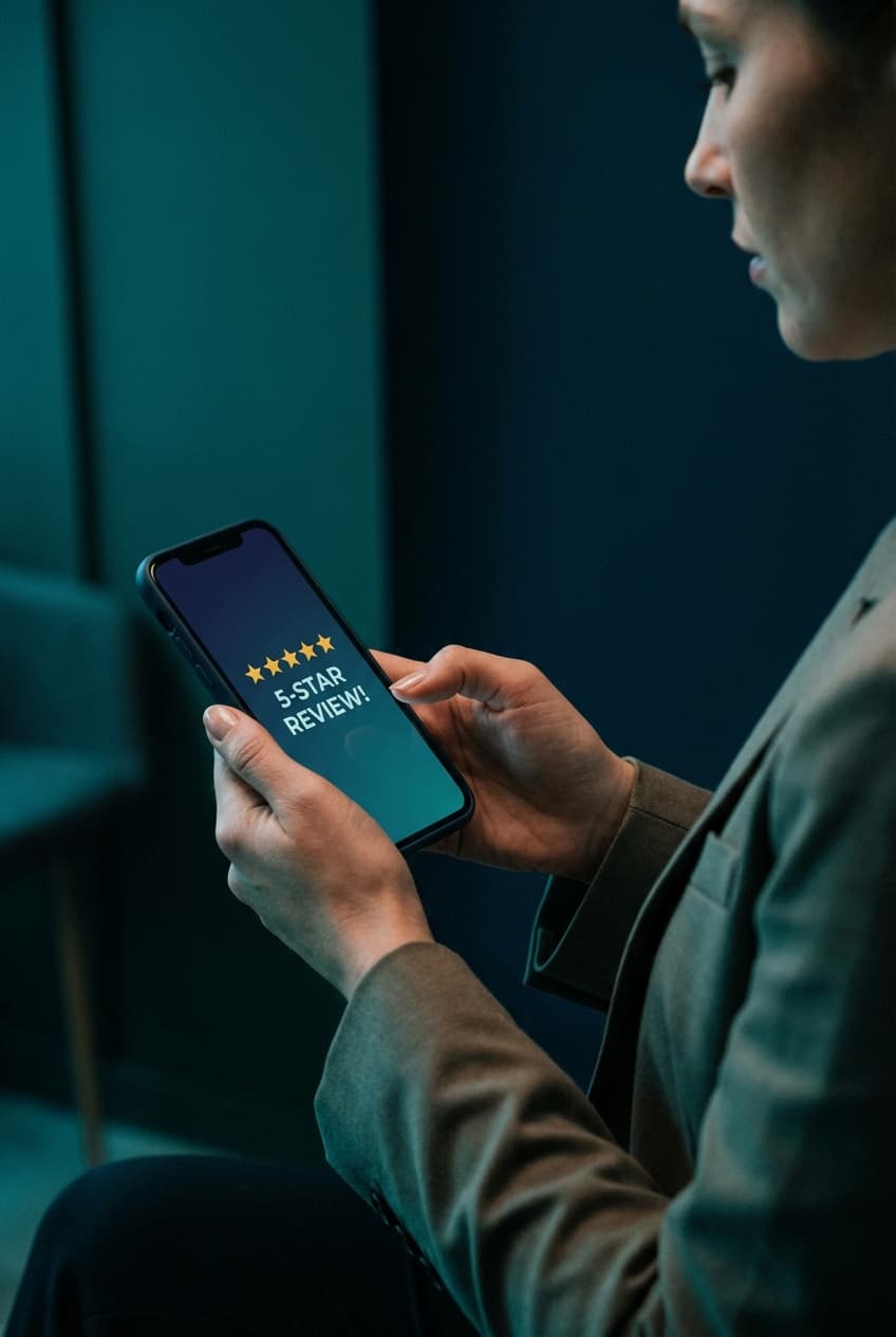 Five-star review notification glowing on a smartphone screen