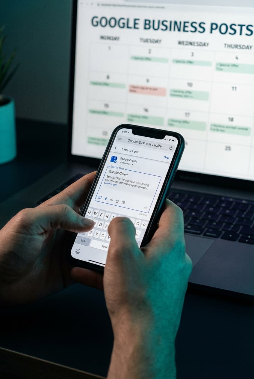 Close-up of hands typing a Google Business Profile post on a smartphone with content calendar
