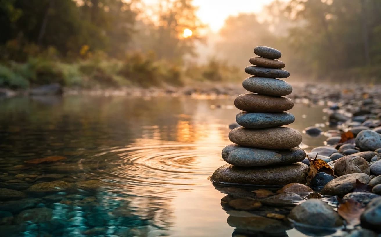 Peaceful wellness stones balanced by water